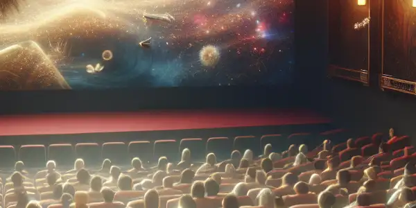 A vibrant movie theater scene with a diverse audience captivated by an abstract adult film screening.