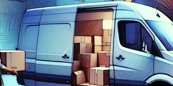 A discreet delivery van in an urban alley, with a person joyfully receiving a private package.