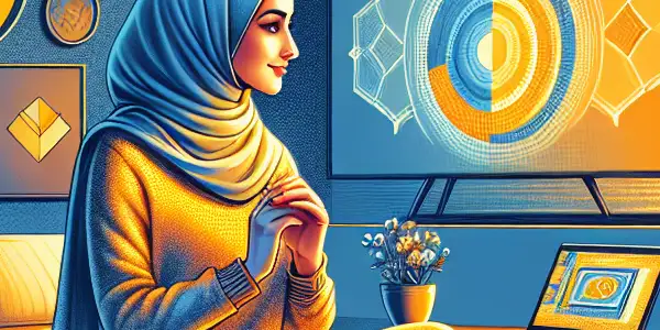 A cozy living room scene featuring a person watching AV content with symbols of safety and wellness around them.