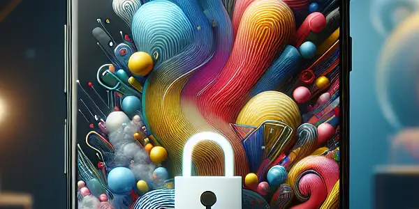 A modern smartphone displays colorful abstract digital content in a cozy indoor setting, symbolizing privacy and safety.