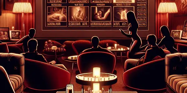 A luxurious VIP lounge scene featuring high-tech screens, plush seating, and guests enjoying an exclusive adult entertainment experience.