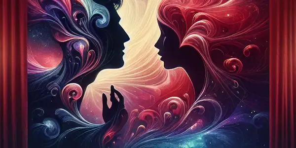 A dimly lit theater scene featuring silhouettes in conversation, evoking romance and passion through abstract patterns and rich colors.