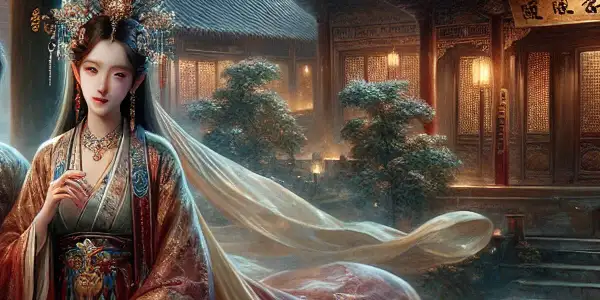 A romantic Ming Dynasty courtyard featuring Ximen Qing and Pan Jinlian amidst lush greenery and a glowing moon.