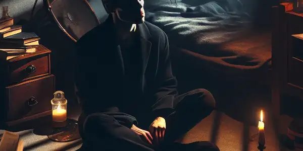 A solitary figure in a dim, claustrophobic room surrounded by symbols of temptation and emotional turmoil.