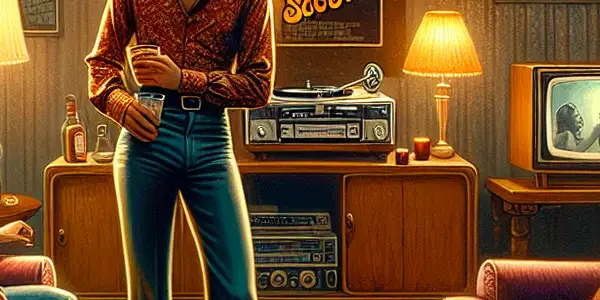 A cozy vintage living room from the 70s-80s, featuring a couple, nostalgic decor, and a classic film on TV.