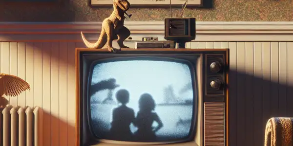 A nostalgic 90s living room with a vintage TV, classic film posters, a comfy couch, and dinosaur figurines.