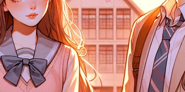 A romantic scene of two high school students near a blossoming orange tree at dusk.