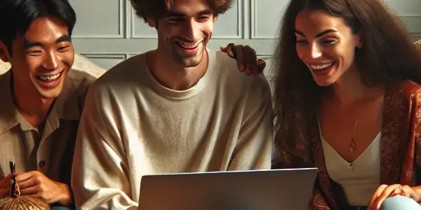 A cozy living room scene with diverse young adults sharing laughter while watching a film, surrounded by Asian cultural elements.