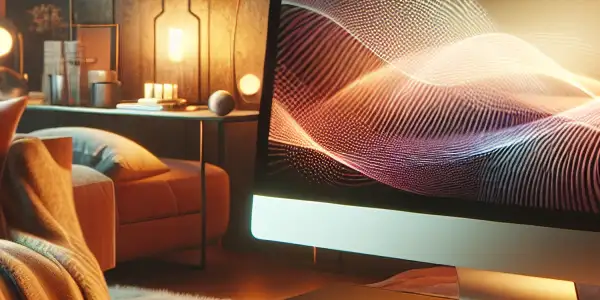 A cozy online viewing space with soft lighting, plush furniture, a glowing screen, and a steaming cup of tea.