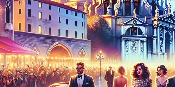 A glamorous red carpet scene at the Venice International Film Festival 2023, featuring celebrities, historic architecture, and a vibrant sunset.