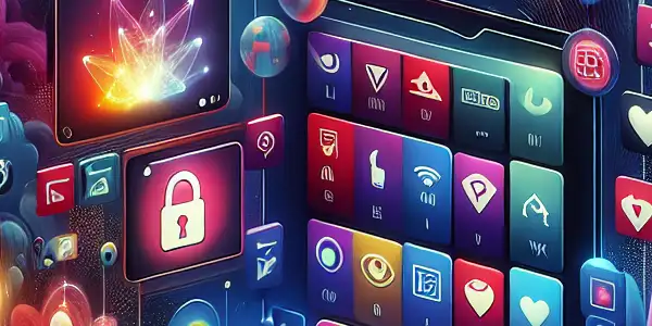 A futuristic digital dashboard for adult entertainment, featuring colorful icons and abstract shapes in a vibrant, immersive atmosphere.