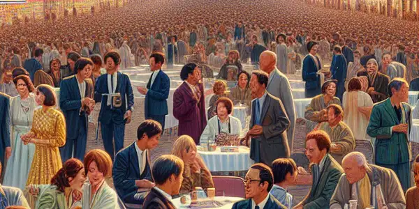 A lively outdoor scene at the Takasaki Film Festival, featuring diverse attendees, film trailers, and vibrant decorations.