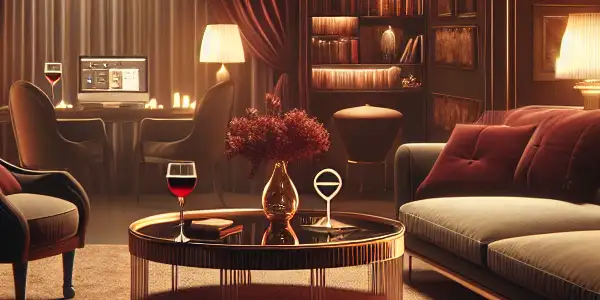 A sleek laptop displaying a discreet adult subscription service in a luxurious, intimate room setting.