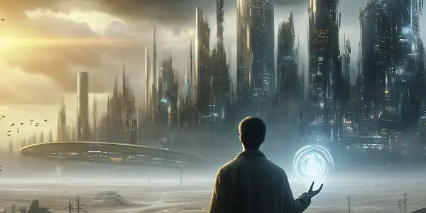 A determined engineer in a dystopian landscape prepares for time travel amidst ruins and toxic clouds.