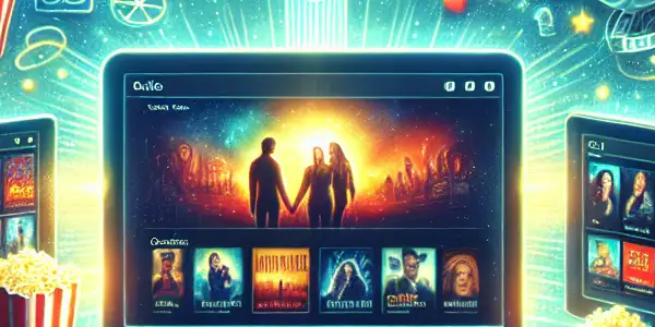 A modern online movie streaming platform interface displayed on multiple devices, showcasing diverse film genres and cinematic elements.<a href=