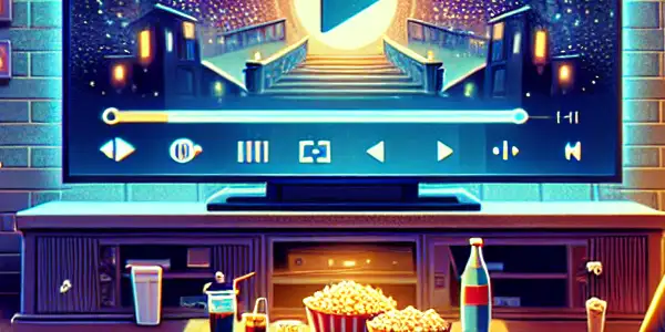 A cozy living room scene with diverse people joyfully watching a movie on a large TV, surrounded by snacks.