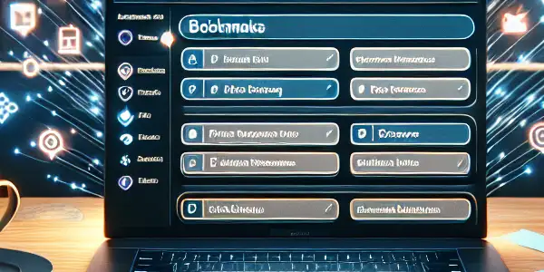 A modern workspace for adult content enthusiasts featuring a stylish desk, laptop with bookmarks, and a cozy library.