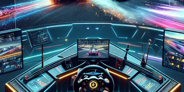 A dynamic racing simulator setup with a remote-controlled car, cheering spectators, and immersive virtual reality elements.