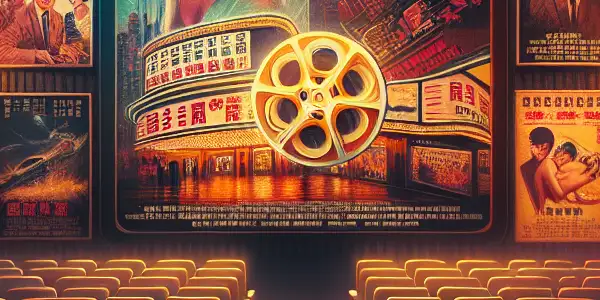 A nostalgic 1980s cinema hall showcasing iconic Chinese adult film posters and flickering film reels.