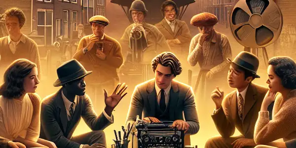 A diverse group of young filmmakers discuss Dutch cinema in a vintage film studio, surrounded by iconic film posters and equipment.