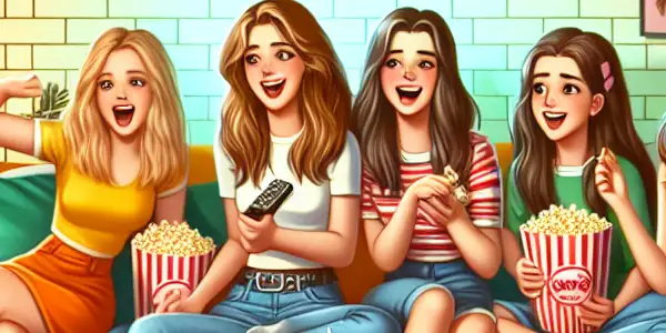 A cozy living room filled with diverse girls enjoying a classic movie night, surrounded by snacks and laughter.