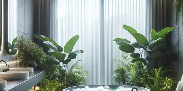A luxurious adult bathroom featuring a smart shower, Jacuzzi tub, and serene ambiance with natural elements.