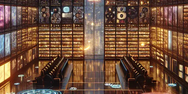 A futuristic digital library showcasing illuminated film reels and screens of Japanese adult films with neon lighting.