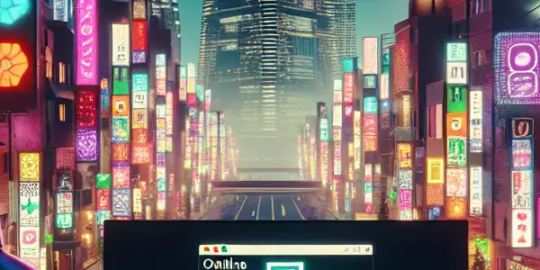 A neon-lit Japanese cityscape at night featuring a modern computer setup and elements of adult entertainment culture.