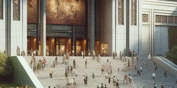 A vibrant scene at the China Film Archive in Beijing, featuring visitors exploring film exhibits in a lush garden.