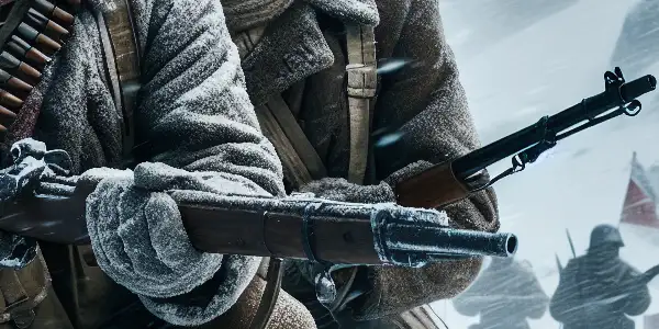 Chinese volunteer soldiers bravely fighting in a snow-covered battlefield during the Korean War, amidst harsh winter conditions.