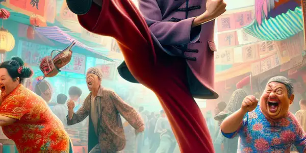 A lively market scene filled with colorful stalls and characters in traditional attire engaging in comedic antics.