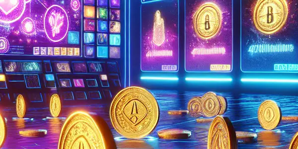 A vibrant digital marketplace filled with glowing gold coins and holographic screens showcasing adult film thumbnails.