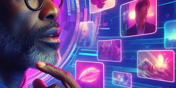 A user explores a vibrant digital platform showcasing colorful thumbnails of Japanese adult films, surrounded by neon colors.