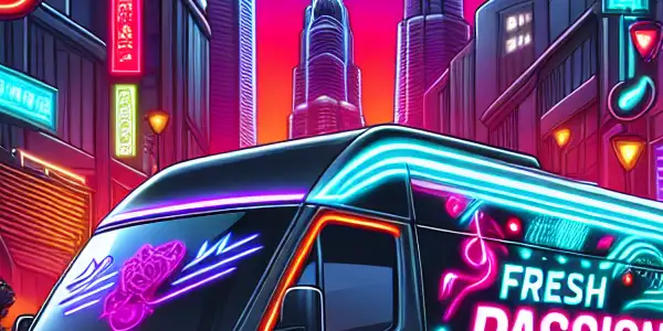 A futuristic delivery van in a vibrant urban setting, surrounded by excited young adults, hinting at adult entertainment.