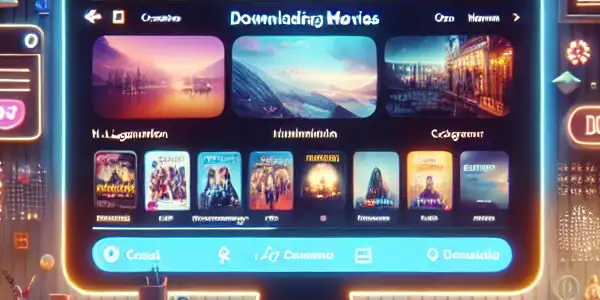 A cozy home setup featuring a sleek computer displaying a streaming service with a movie downloading guide.