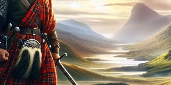 A Scottish warrior stands on a hilltop, sword raised, overlooking a dramatic landscape and distant castle, symbolizing bravery and freedom.