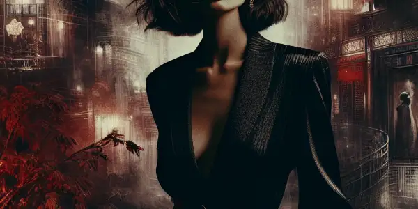 A confident female figure in an elegant outfit, set in a moody, cinematic room evoking 90s Hong Kong erotic films.