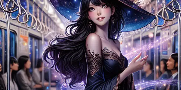 A mystical young woman in a vibrant subway, exuding allure and power amidst swirling magical energy and intrigued passengers.