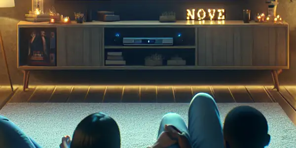 Cozy modern home theater at night with plush seating, snacks, and a large TV displaying colorful movie graphics.