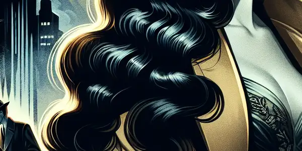 A seductive female spy in a 1930s cityscape, exuding allure and mystery amidst espionage elements.