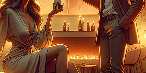 A couple shares a playful, intimate moment in a stylish, warmly lit modern room.