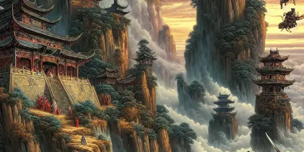 Seven heroic swordsmen in unique armor descend a majestic mountain under a dramatic sky, surrounded by mist and ancient trees.<a href=