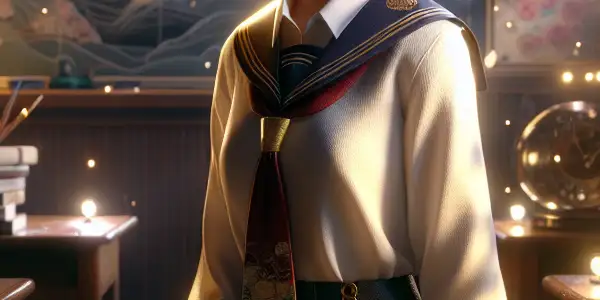 A dreamy Japanese classroom scene featuring a schoolgirl in a pleated uniform, surrounded by educational elements and floating cherry blossoms.