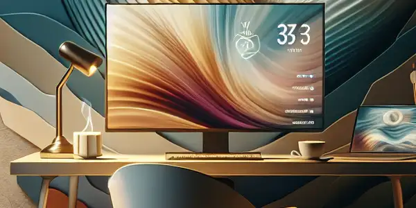 A modern digital workspace featuring a sleek computer setup, cozy chair, and warm ambiance for relaxed video viewing.