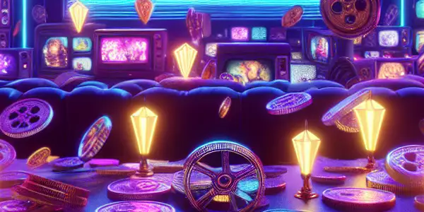 A vibrant digital marketplace featuring neon-lit adult film tokens and nostalgic 1980s adult film imagery.