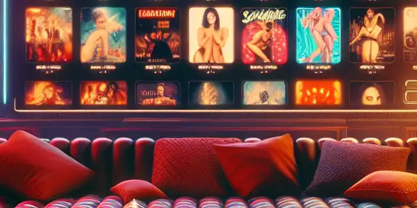 A modern digital interface showcasing vibrant thumbnails of Japanese adult films in a cozy media lounge setting.