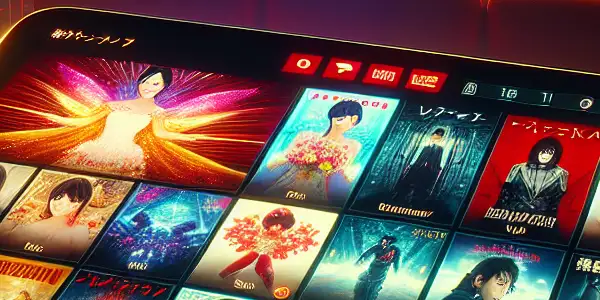 A modern video streaming interface displaying vibrant thumbnails of Japanese adult films in a cozy, dimly lit room.