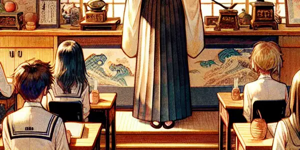 A captivating Japanese classroom with a confident female teacher, curious students, and subtle hints of fantasy.