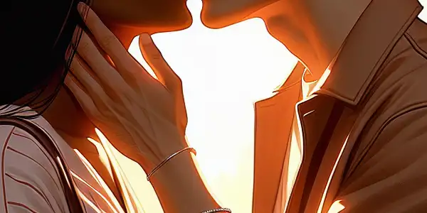 A couple shares a tender kiss under cherry blossoms, radiating warmth and deep emotional connection.