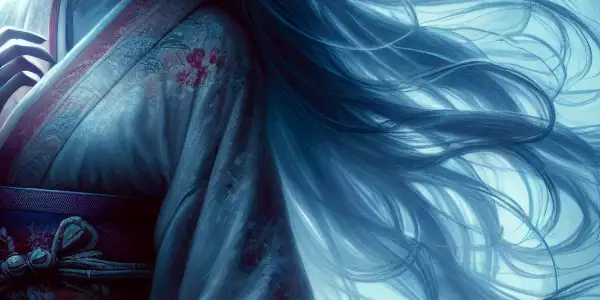 A ghostly woman in a tattered kimono haunts a foggy, moonlit forest, blending allure and eeriness.